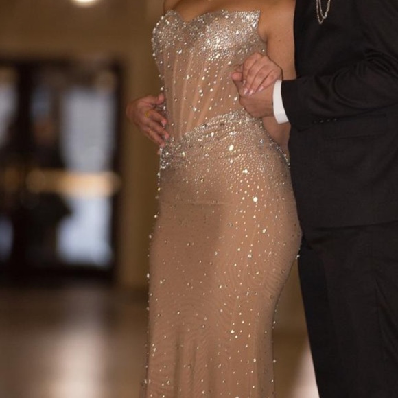 Miss Circle Dresses & Skirts - Embellished Nude Maxi Dress with Crystal Detail